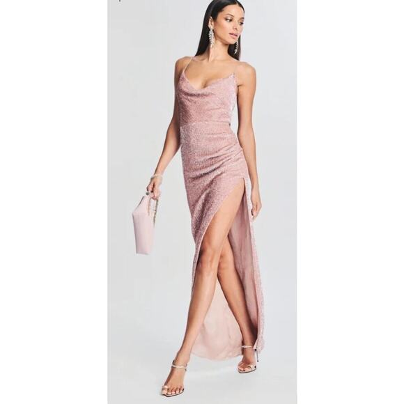 Retrofete Katya Sequin Maxi Dress Size L Dusty Peach Pink Cowl Neck Slit - Picture 2 of 13